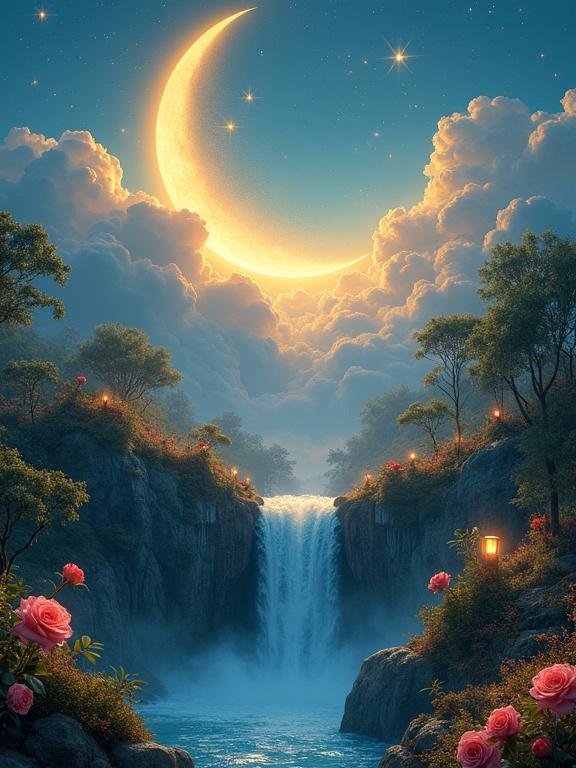 Crescent moon high above clouds. Oasis scene with glowing roses. Waterfall cascading down rocks. Vibrant deep colors in blue and yellow.