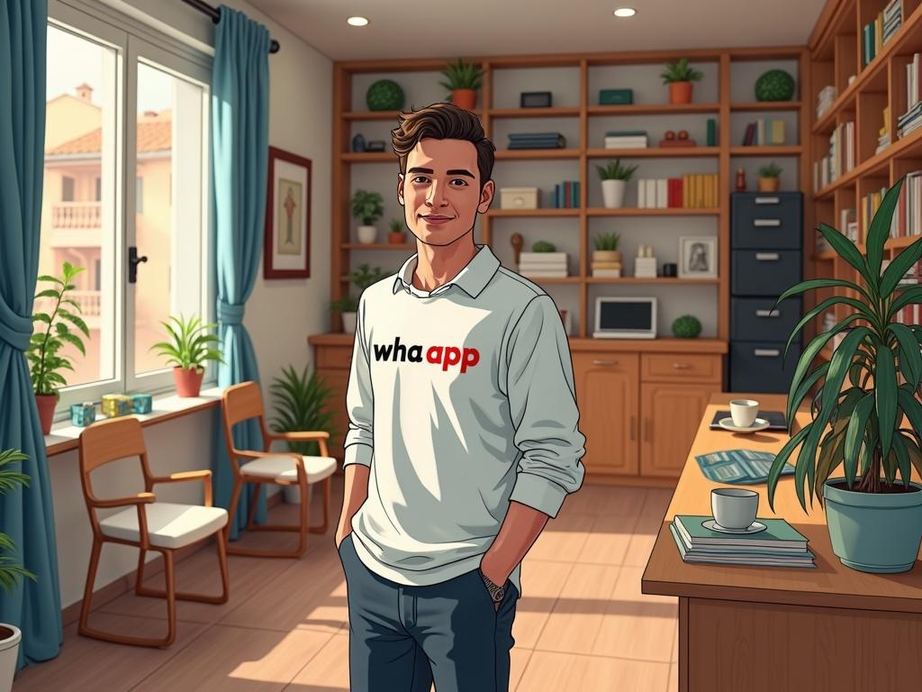 Illustration of a real estate agency with attractive decoration featuring a young handsome seller in Spain renting apartments. The seller wears a stylish outfit with a large logo.