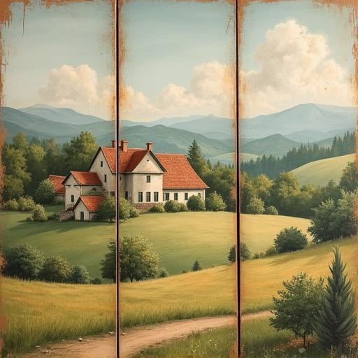Vintage suede oil painting triptych depicting rustic farmhouse landscapes with rolling hills and quaint village cottages. Each panel shows an antique look with soft earthy tones and visible brushstrokes. The mood feels serene and timeless, suitable for French country decor.
