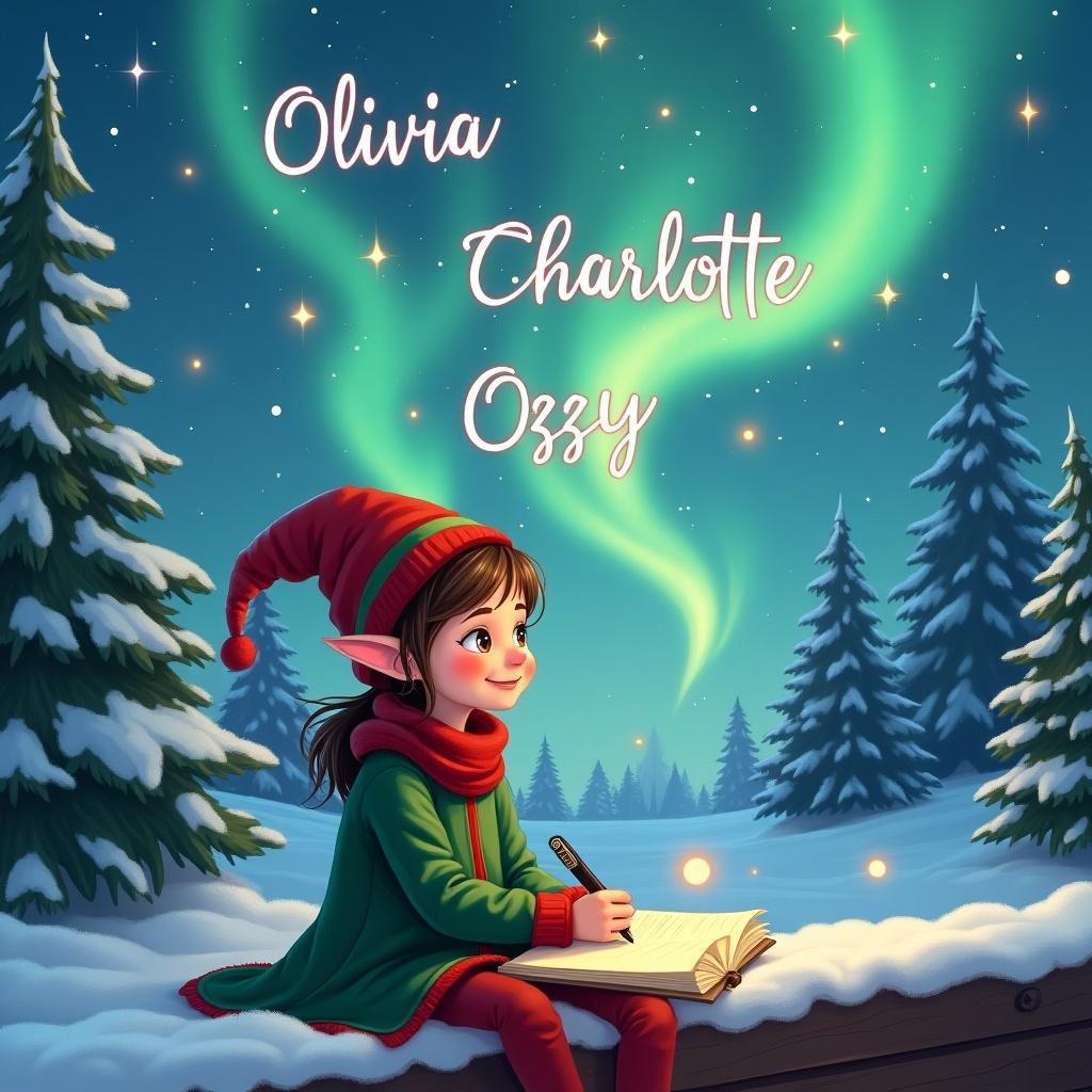 The image depicts a girl elf sitting in the snow, engaged in writing something special. Above the elf, colorful northern lights dance across the sky. The elf is holding a pen, and the names 'Olivia Charlotte Ozzy' appear artistically in the clouds. The background features evergreen trees dusted with snow, enhancing the wintery feel. The overall atmosphere is magical and festive, perfect for capturing the spirit of Christmas. A cheerful brown boy elf is depicted sitting on a wooden ledge.