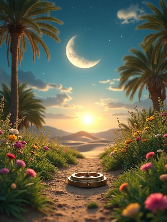 Ultra-realistic vertical cinematic photo. Vintage brass compass on the ground. Landscape split into two worlds. Lush, heavenly garden on the right with colorful flowers and sunlight. Vast desert on the left under a blue night sky with a crescent moon. Compass symbolizes inner direction and moral guidance. Natural lighting and smooth transition.