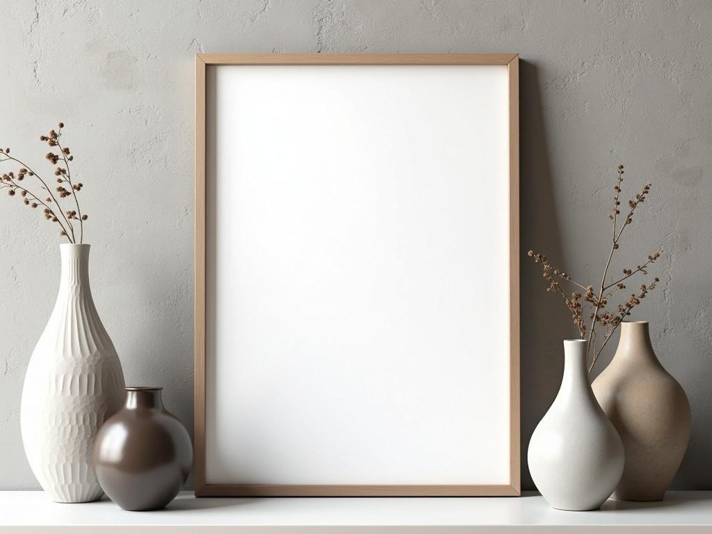 The image features a mock-up frame prominently displayed against a textured concrete wall. The frame is empty, ready to showcase artwork or photographs. There are no obstacles in front of the frame, allowing for a clear view. Direct light illuminates the frame, highlighting its clean lines and simplicity. Surrounding the frame are several decorative vases, some with different textures and shapes, adding an artistic flair to the scene.