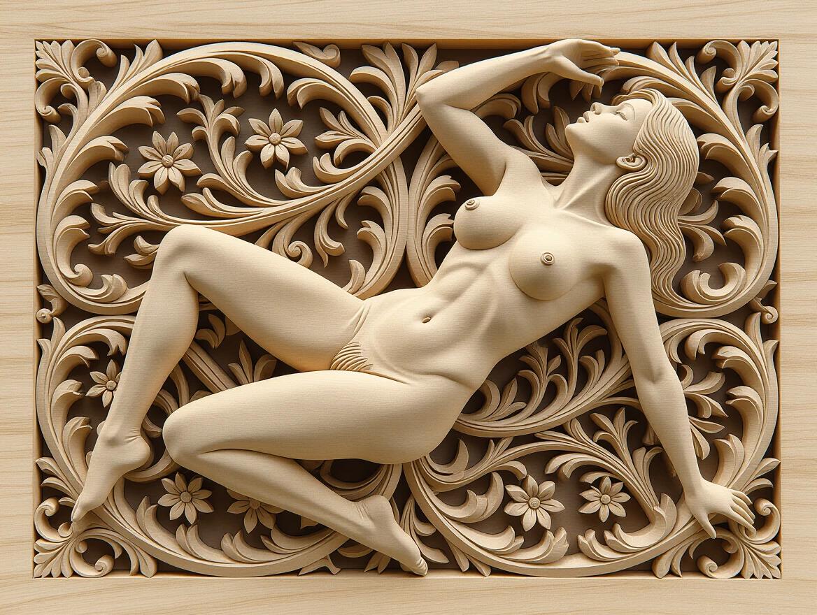 Intricate 3D wood carving depicting a nude female body surrounded by floral motifs. The figure is relaxed in a sensual pose, emphasizing curves and details. Ornate background complements the subject.