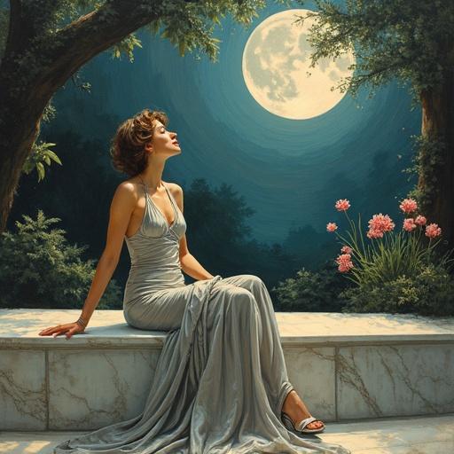 Art Deco inspired painting shows a stunning woman in a silver gown sitting on a marble bench. She gazes dreamily into a beautiful moonlit garden. Flowers bloom in a serene landscape. The night sky features a large moon. The art style resembles Alphonse Mucha with detailed retro elements.