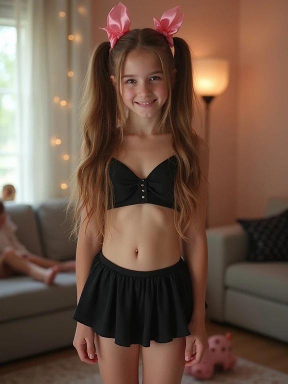 A young girl with long brown hair styled in two high ponytails. She wears a black crop top and a low-rise micro skirt. The setting is a living room with soft lighting. Her outfit is trendy and playful, complemented by pink bows in her hair. The background features subtle decor typical of a birthday party atmosphere. Overall, the image conveys a stylish youthfulness.