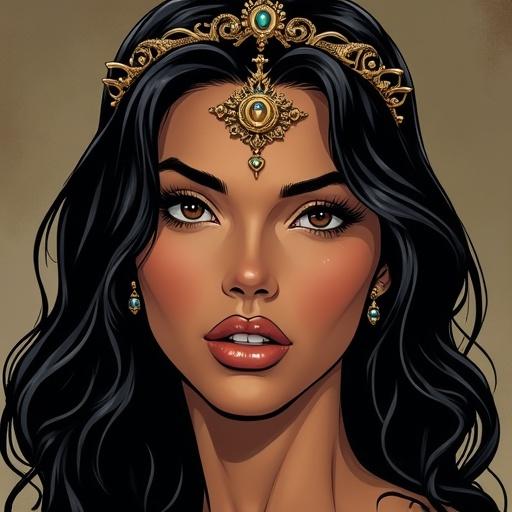 Ultra-detailed portrait of a female with olive skin and black wavy hair. Features small brown eyes and a tiara. Aiming for sharp focus, smooth lines, and comic book style.