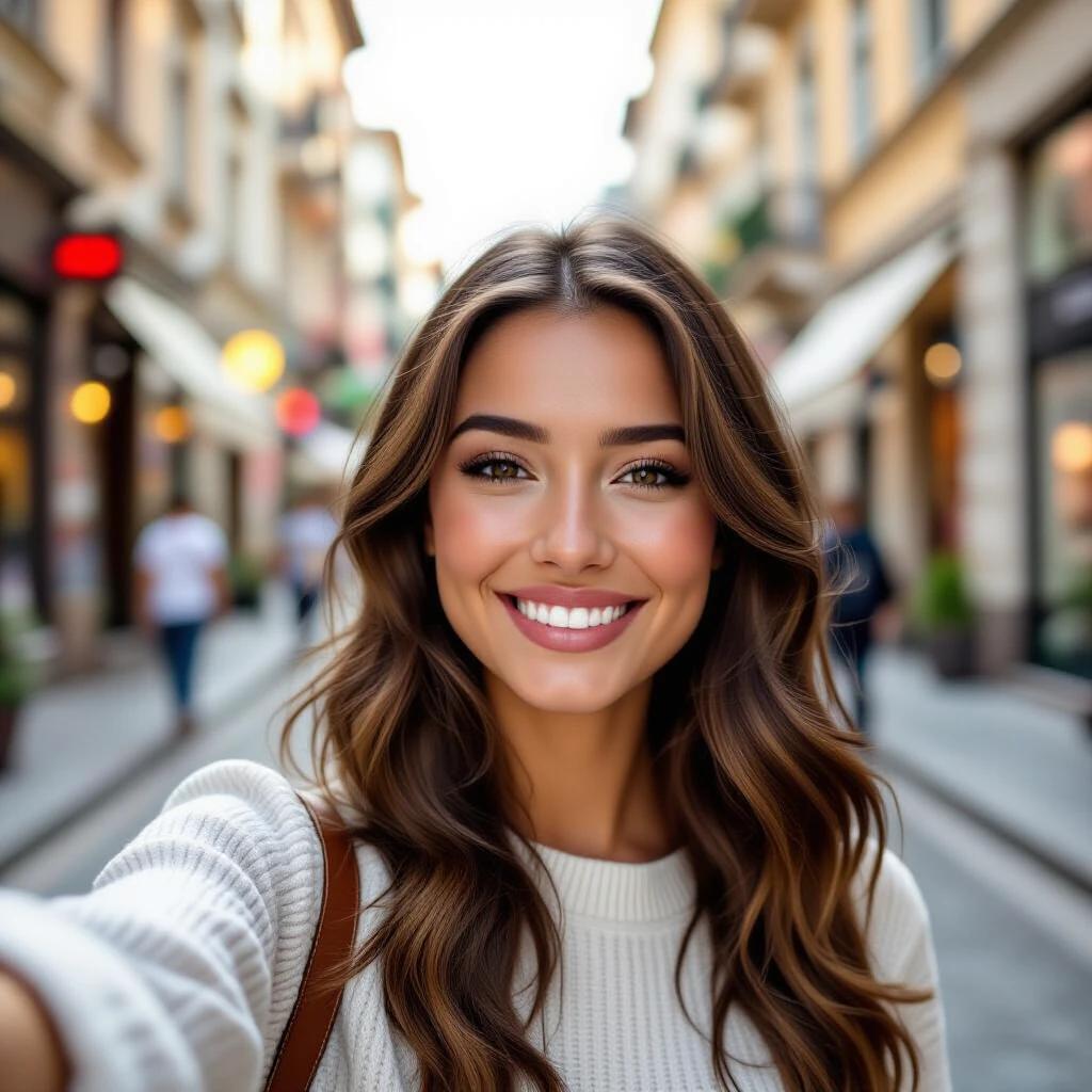 A cute woman taking a selfie in a picturesque street. The street is filled with shops and has a lively atmosphere. The woman has long, wavy hair. She is wearing a cozy sweater and holding her phone. Her smile highlights the joyful moment of capturing her experience.