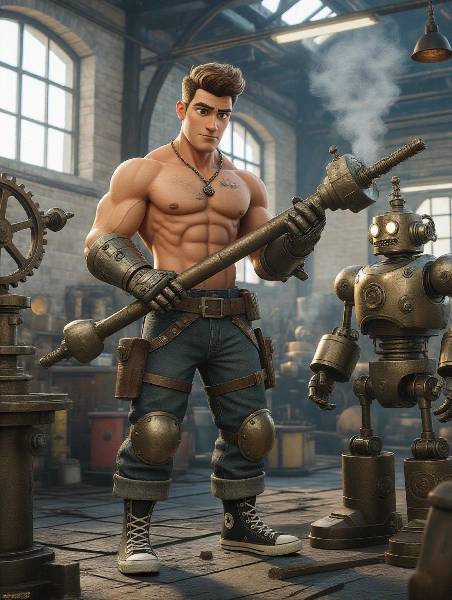 Hyperrealistic Pixar style 3D oil on canvas art design featuring a young handsome muscular steampunk man shirtless wearing Converse shoes, holding a giant mechanical tool, building a robot in a gear factory with steam and smoke filling the air.