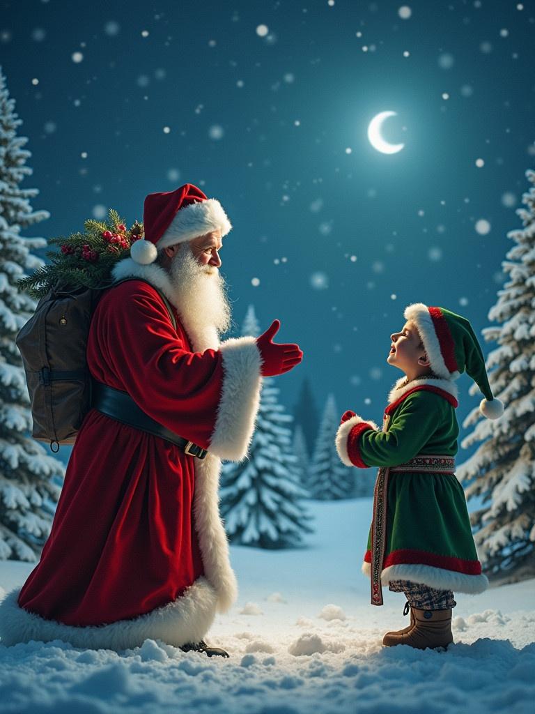 Santa Claus reaching towards elf in a snowy landscape. Moon in the night sky adds magic. Snow-covered trees surround.