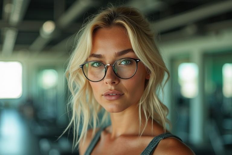 A woman standing in a gym taking a mirror picture. She has blond hair and freckles. She is wearing glasses. The gym has various equipment in the background. Her expression is confident and focused. The lighting is bright and welcoming.