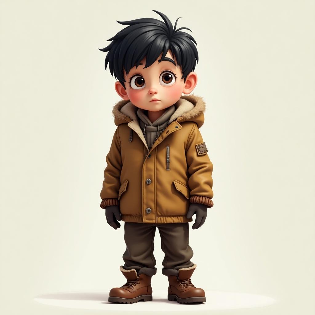 A boy aged eight with black hair stands confidently. He has emotional eyes that show kindness. He wears a worn winter jacket and brown trousers. He has winter shoes on. The background is neutral to highlight him. His expression and posture suggest he is ready to face challenges.