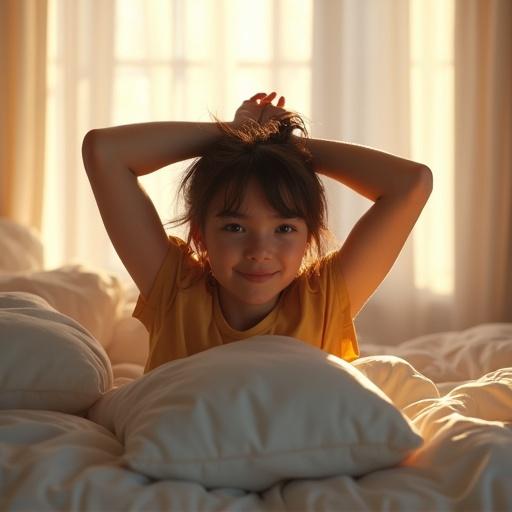 Young person stretching in bed with sunlight streaming in. Hair is tousled and eyes are half-open. Pillow is near the bed's edge. Action depicts waking up in the morning. Realistic style with clear details. High resolution.