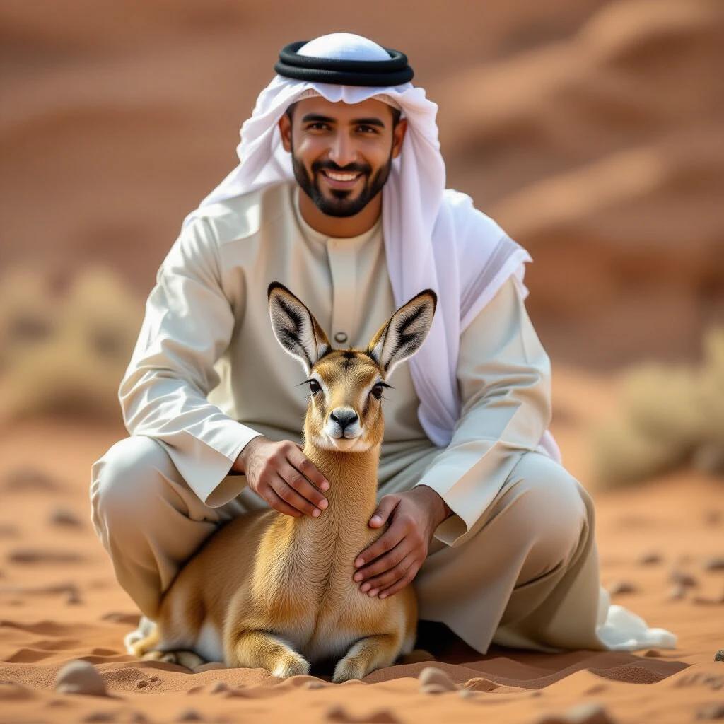A stunning scene capturing a gazelle lying down in a desert landscape with a person beside it. The individual wears traditional Middle Eastern garb, showcasing a bond with the animal. The environment reflects a warm, sandy terrain typical of a desert.