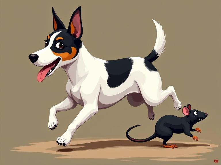 Illustration of a running Jack Russell dog with a prominent black ear and a playful rat. Scene captures the joy of the dog in motion alongside another animal.