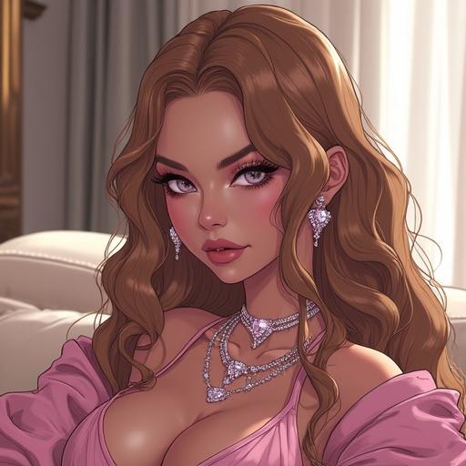 Anime character design. Woman with silver eyes and wavy light brown hair. Dressed in edgy popstar streetwear with pink diamond jewelry. Set in a luxurious mansion living room during the morning. Emphasizes beauty and celebrity lifestyle.