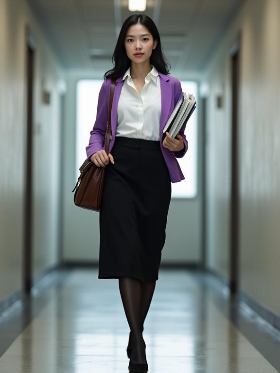 Young East Asian female agent in crisp-white blouse and black knee-length skirt. Wearing a purple cardigan, black pantyhose and black closed-toe heels. Walking through a corridor carrying intel files and brown satchel. Scene set in modern office with soft lighting. Cute plump face with light makeup. Endearing smile of determination. Bunned black hair.