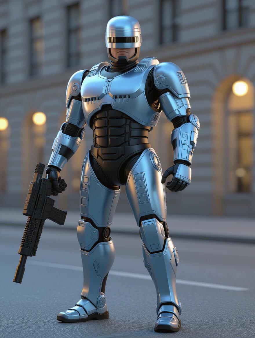 A futuristic armored robot stands confidently on a city street. Robot has a gun. The setting features stylized architecture with soft evening lighting. Attention drawn to the robot's design and stance.