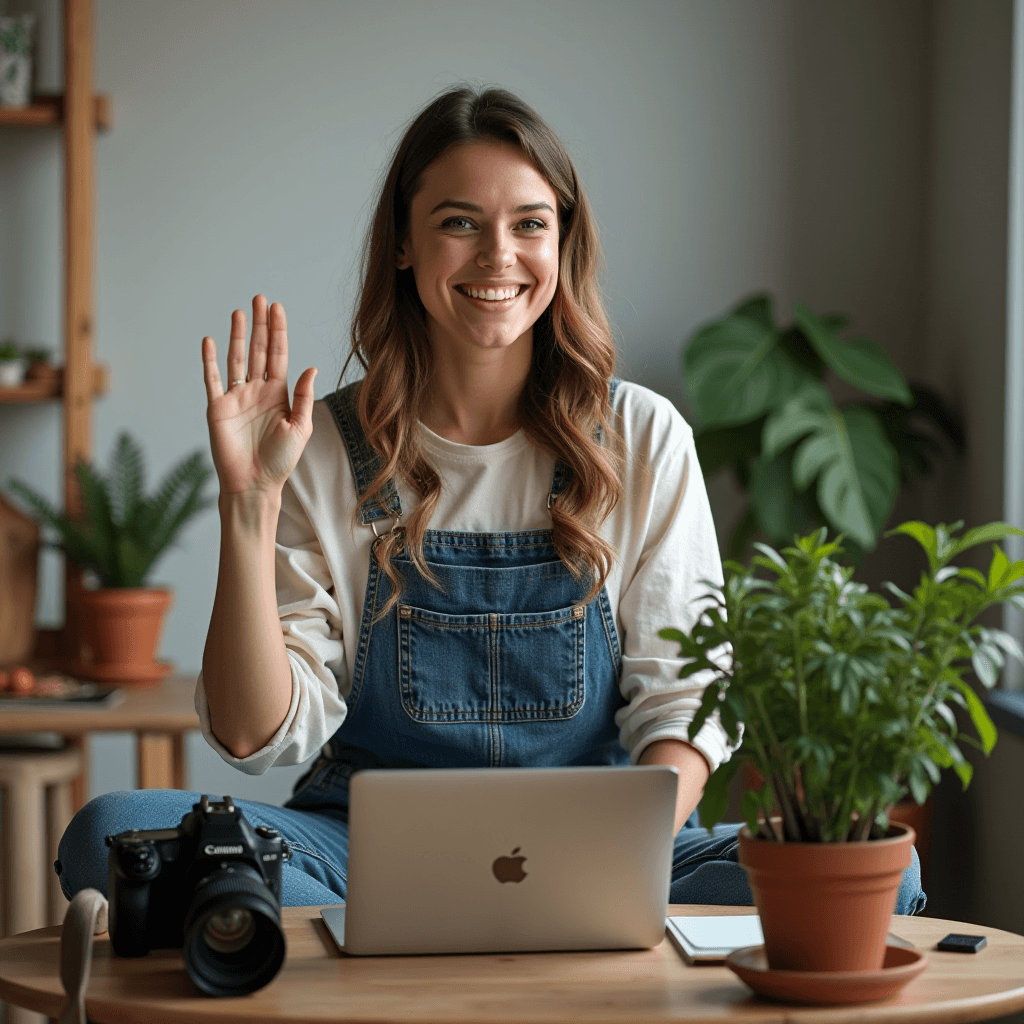 A smiling woman in denim overalls, seated in a cozy workspace with plants and a laptop.