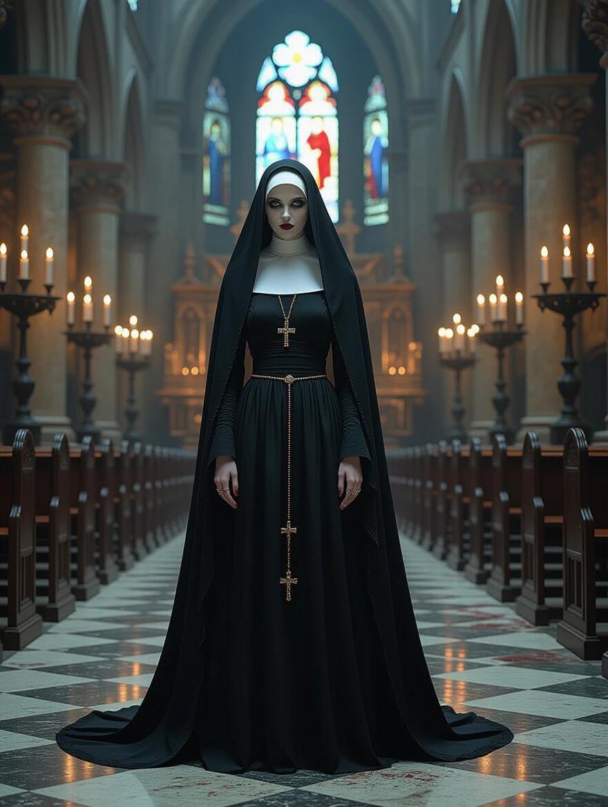 A gothic horror nun with pale skin and hollow eyes. She wears a black veil and a blood-stained habit. Standing in a candlelit cathedral among flickering candles and cobwebs. Features long black nails and dark eye makeup. The background includes a baroque altar and stained glass windows. Fog rests on the floor illuminated by volumetric light. The atmosphere is eerie and unsettling with chiaroscuro lighting.