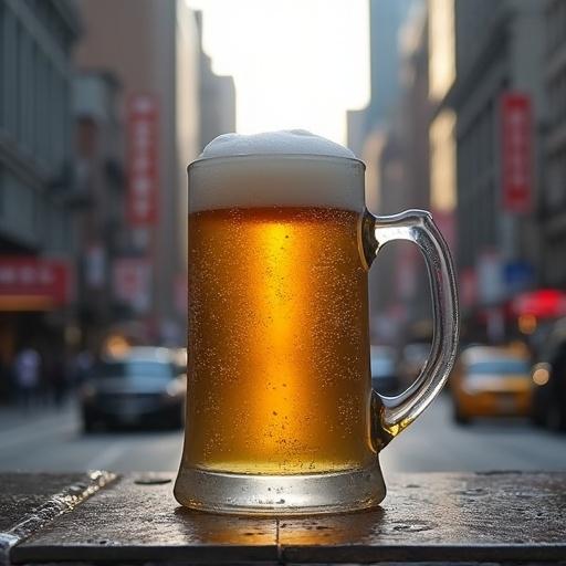 A beer mug bigger than a building stands upright in the middle of New York City.