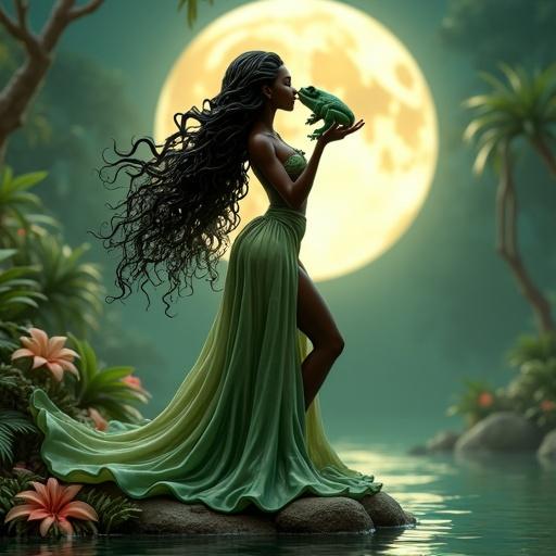Ultra-detailed resin figure inspired by Disney's Princess Tiana. Dark-skinned woman in an elegant pose by water. Long green and gold dress flowing. Holds frog with both hands. Full moon backdrop, surrounded by tropical flowers.