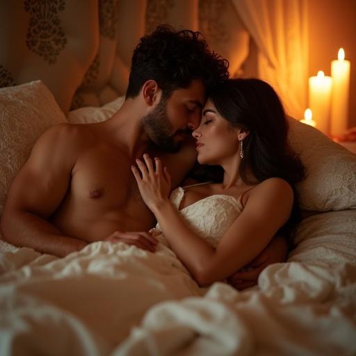 A couple entwined in an embrace on a beautifully adorned bed. Layers of soft linens and warm candlelight frame the scene. Shot with a Canon EOS R5 and a 35mm f/1.4 lens. Romantic and sexy atmosphere with soft glow on their skin. Captured from a low angle to enhance closeness and chemistry. Focus on tender expressions and intertwined hands. Luxurious textures of bedding softly blur in the background.