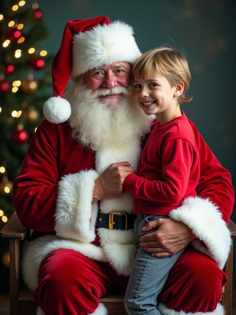 Image of Santa Claus holding a young child. Santa is dressed in a classic red and white suit. A festive background highlights a Christmas tree. The child is seated on Santa's lap. The warm atmosphere suggests holiday cheer. Soft natural lighting emphasizes their joyful expressions.