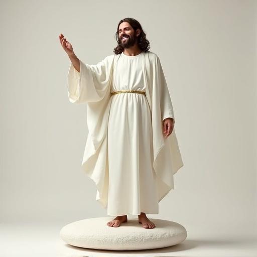 Jesus standing on a round stone wearing a white robe. He is smiling and stretching His hand towards the viewer.