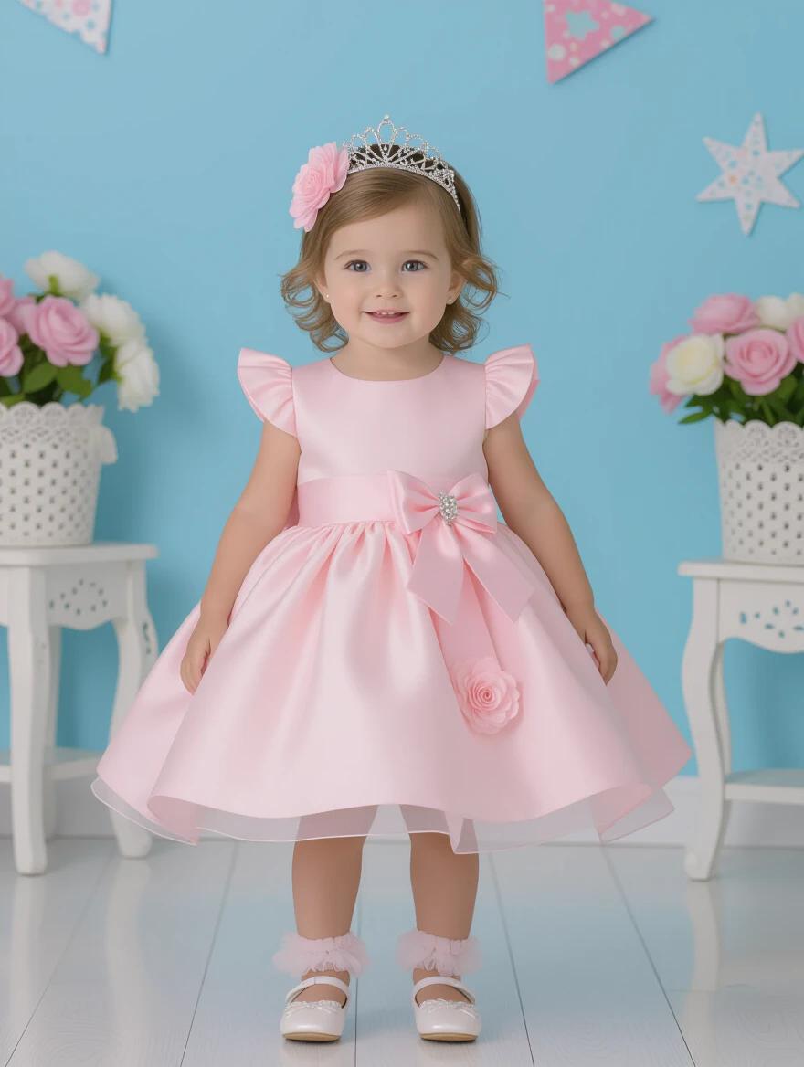 Three year old girl in a pink flared dress with a flower tiara. Bright background with decorative elements. Wearing pretty short boots.