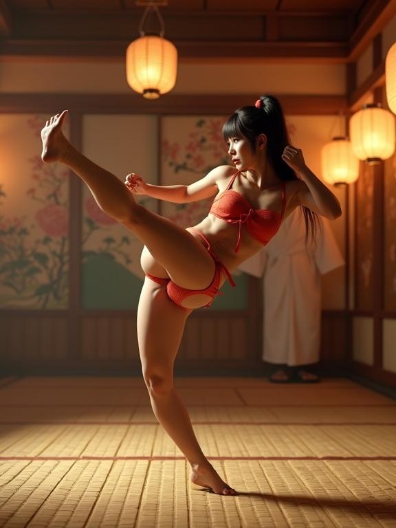 3D CGI female practicing kung fu in a bikini within a Japanese dojo. Sushi character performs a high kick with a determined expression. Evening scene with bamboo mats. Warm light from lanterns and Japanese paintings in the background.