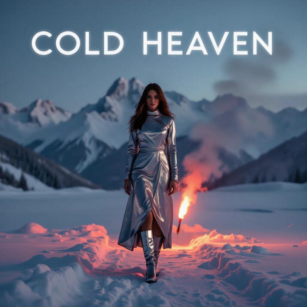 A winter landscape at dusk features a mountain range covered in snow. A woman walks in a reflective silver dress. She wears stylish aviator boots. A red flare illuminates the snow behind her, creating a striking contrast. The overall scene is minimalist and cinematic.
