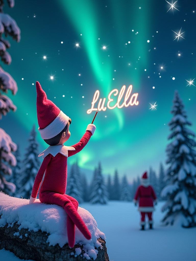 Elf in a pink outfit with back to viewer facing winter night sky. Elf uses wand to write name 'LuElla' among stars. Background shows breathtaking northern lights. Snow-covered trees surround elf. Silhouette of Santa seen in distance.