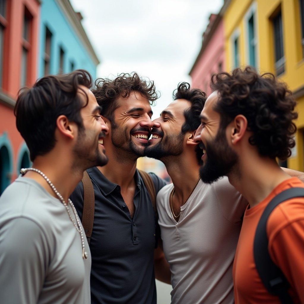 A horizontal picture of multiple men sharing affectionate kisses in a colorful urban setting. The men appear to be having a joyful moment, surrounded by brightly painted buildings.