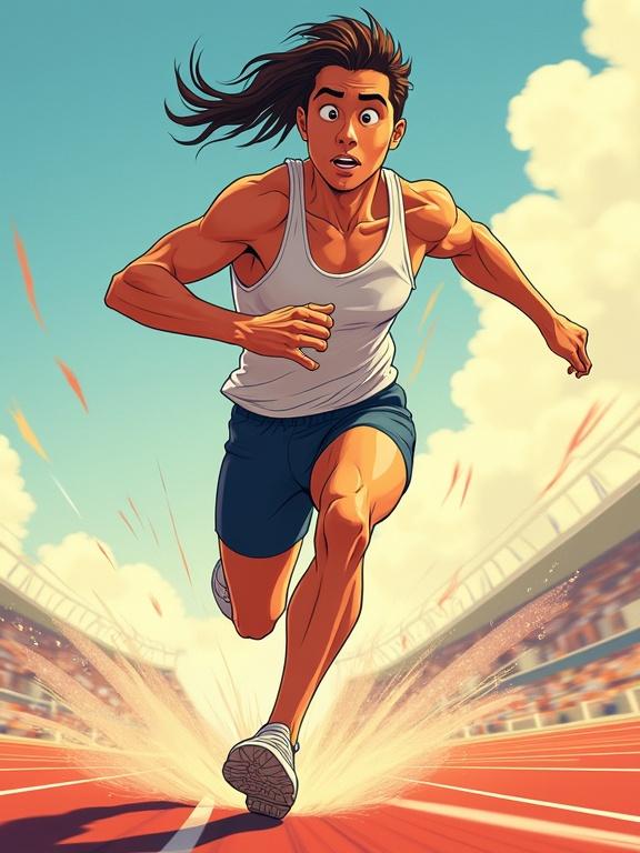Animated athlete sprinting on a track with intense speed. Motion blur enhances energy. Exaggerated running pose creates a dramatic effect. Background shows a vibrant and dynamic scene in comic style.