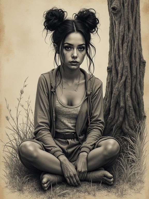 Intricate drawing of a clothed female with a lustful expression. Female has space buns and freckles. Eye contact emphasized, analog style. Backlit in a forest setting, high contrast appearance. Subject sitting on the ground near a tree.