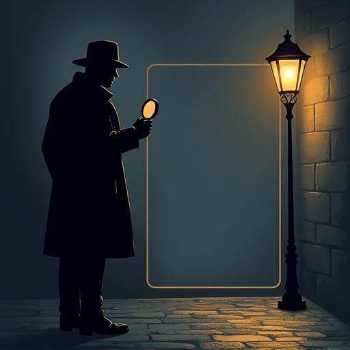 Illustration of a detective badge in noir style. Horizontal rectangle with dark gray background. Left half shows silhouette of a detective in fedora with magnifying glass. Right half has empty framed rectangle outlined in bronze. Cobblestone pattern at the bottom, vintage streetlamp on the right casting amber light.