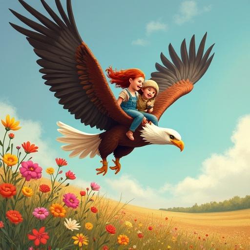 Two children with red and blonde hair ride a bald eagle flying above colorful flowers. One child wears denim overalls and a t-shirt. The other wears a beanie and a sweater. Scene appears whimsical and cheerful.