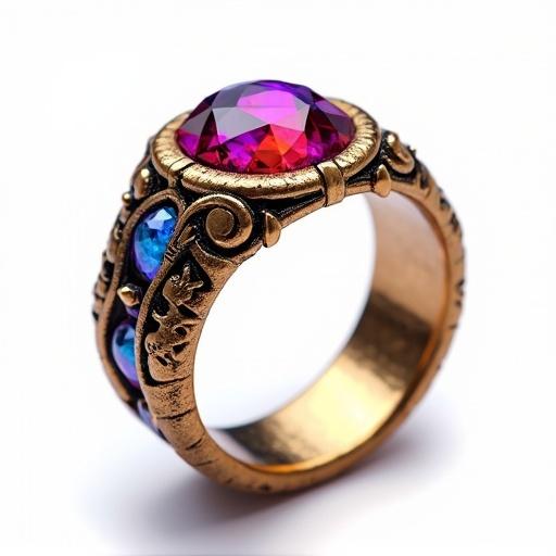 Photorealistic fantasy-inspired game asset isolated on white background. Features a magic ring with no gems. Neutral lighting highlights vibrant patterns and details. Rendered in game-ready quality, shot with a 50mm lens, f/2.8, crisp depth of field.