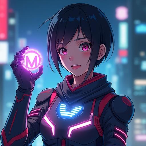 Futuristic hero in tech armor. Glowing lines illuminate the outfit. Hero holds a holographic symbol. Digital city appears in the background. Intense yet friendly expression. Stunning lighting effects enhance the scene.