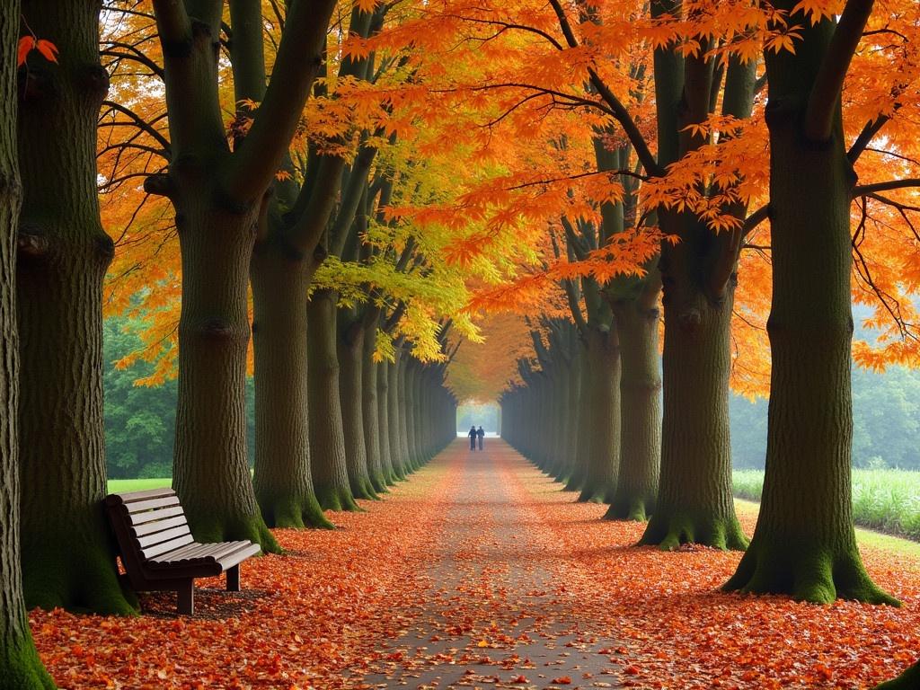 This image captures an autumn scene in a tranquil forest. Tall trees with thick trunks are lined along a path, their leaves turning vibrant shades of orange and red. The ground is covered in fallen leaves, creating a colorful carpet beneath the trees. A wooden bench is situated on the left side, inviting visitors to sit and enjoy the peaceful surroundings. In the background, a hint of greenery peeks through, suggesting a variety of plant life amidst the autumn foliage. The atmosphere is serene, perfect for a leisurely walk or quiet reflection.