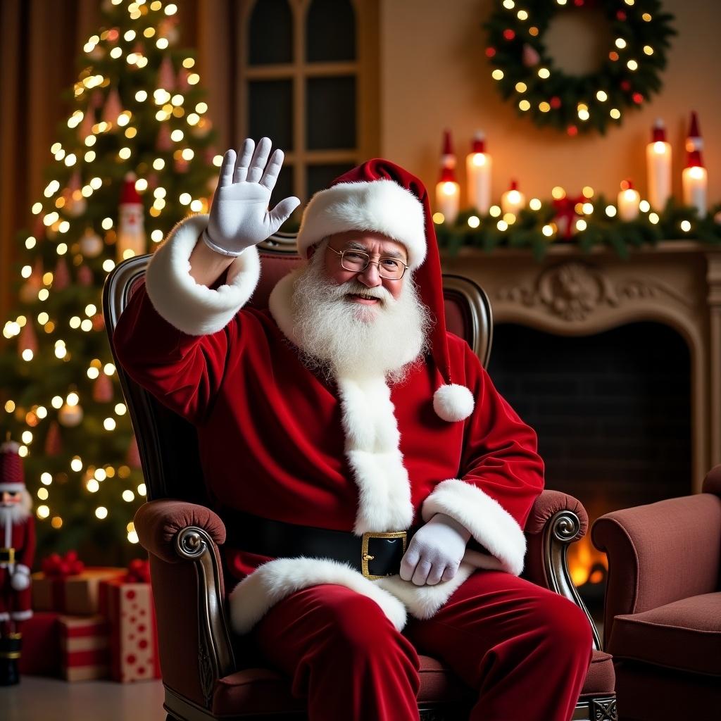 Cozy holiday scene with Santa Claus in an ornate chair waving. Background includes Christmas trees gifts and soldiers. Soft warm lighting adds to the holiday spirit. Decorations such as wreath and candles on the mantle create an inviting atmosphere.