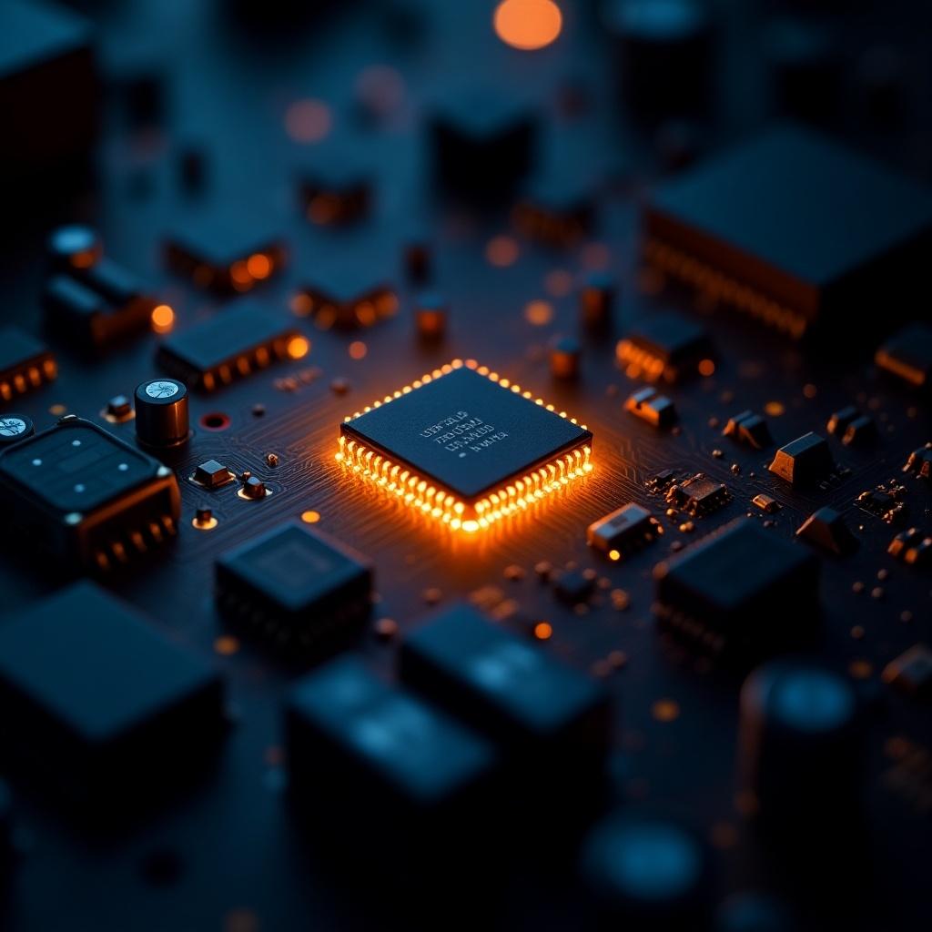 A central chip on a circuit board emits a warm glow among dark components. Close-up view highlights technology.