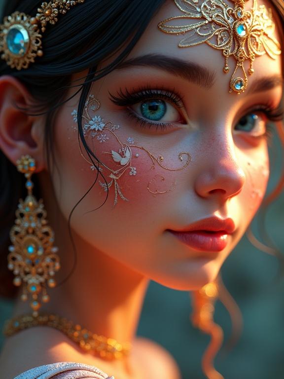 Close-up of a beautiful young woman with blue eyes. Gold jewelry and intricate facial adornments. Hyperdetailed artwork in 8k resolution.