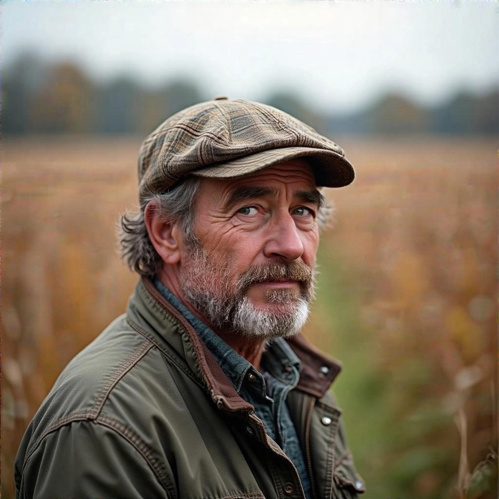 A man wearing a cap and jacket stands in a field.
