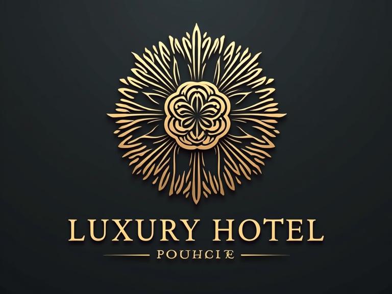 Logo design for a luxury hotel in a sophisticated style featuring a floral emblem in gold on a dark background.