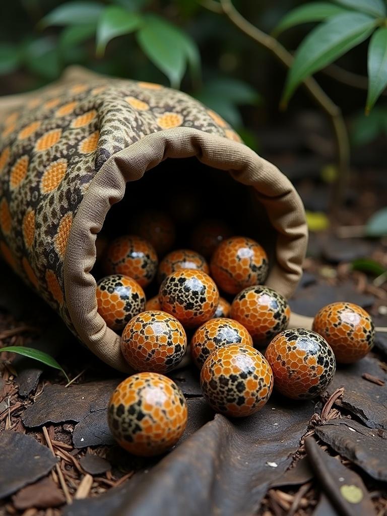 Marbles made of Caboclo cobra coral skin spill from a pliable sack crafted from natural snakeskin scraps. Scene resembles the forest floor in the Amazon jungle.