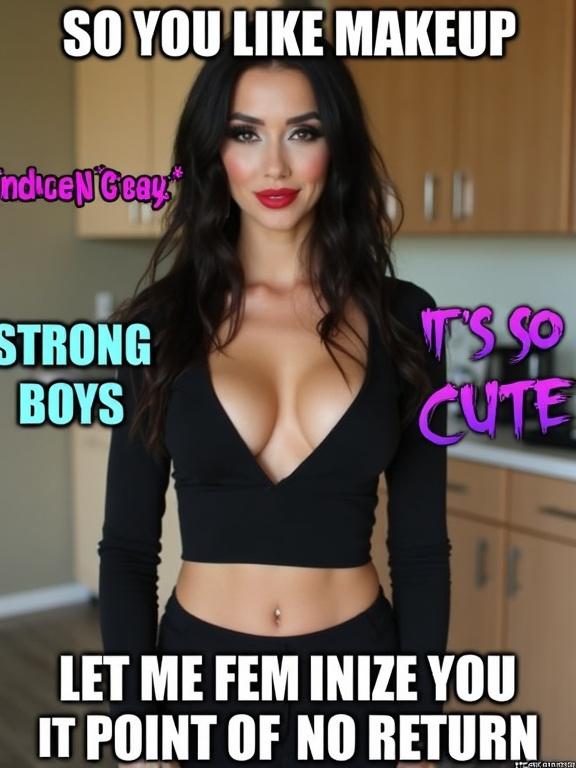 Feminine crossdresser wears a revealing black crop top and mini skirt. The subject looks directly at the camera with a captivating smile. Bold makeup features winged eyeliner and red lipstick. Text elements surround the subject in bright colors. Neutral-toned kitchen background with wall cabinetry is visible. Digital photography showcases clear focus and natural lighting.
