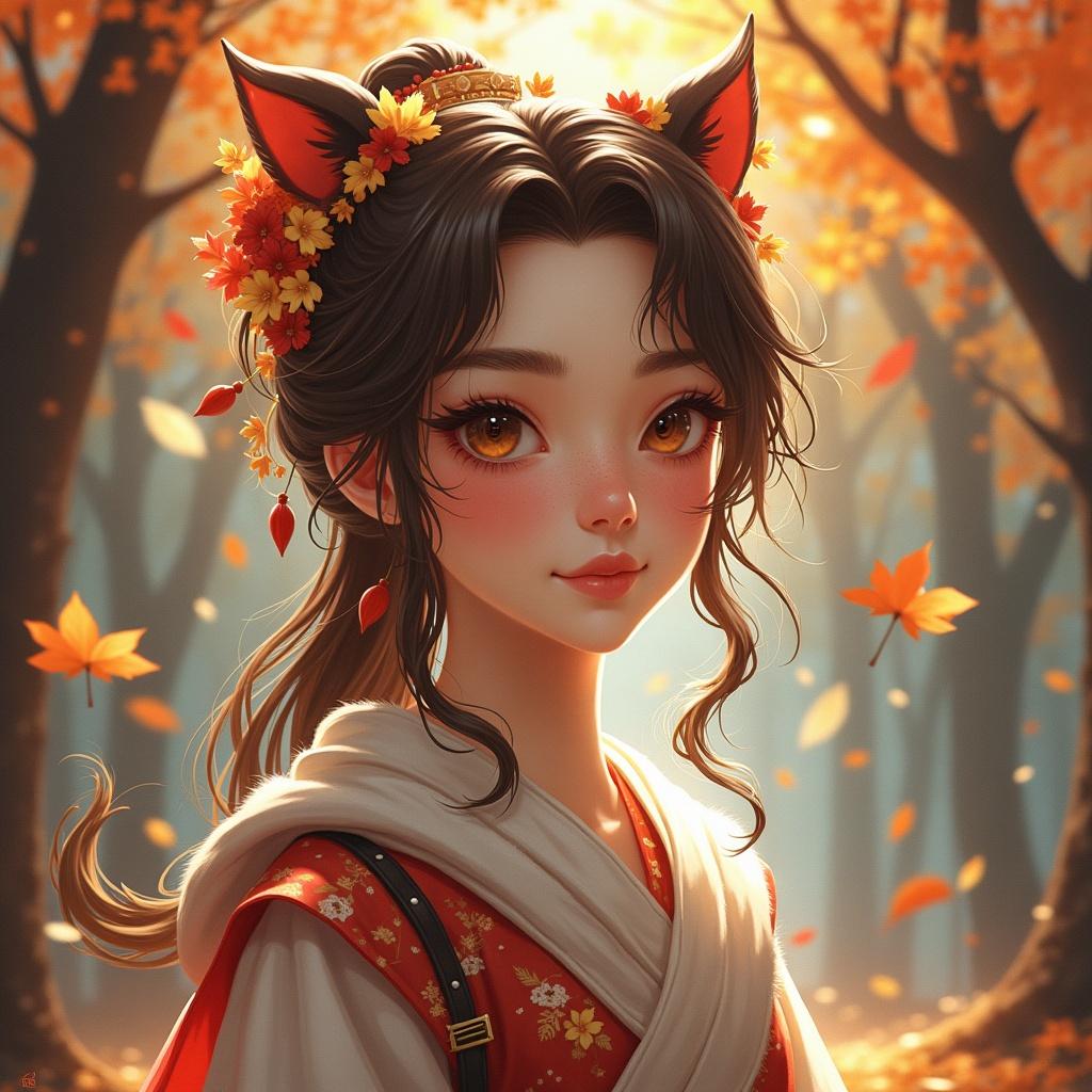 Character with a floral headpiece in a colorful autumn forest. Warm colors with a dreamy atmosphere. Focus on the character's hairstyle and the environment.