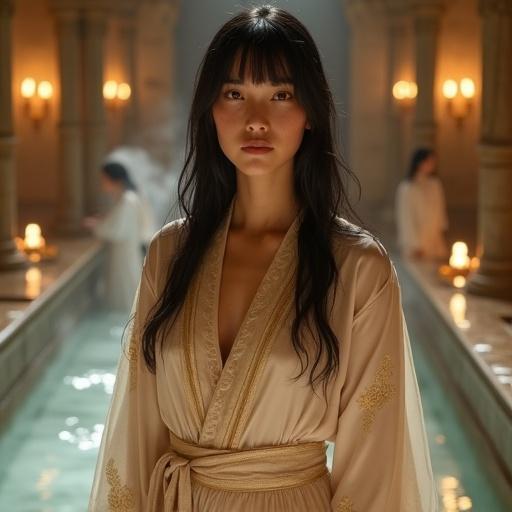 Fantasy portrait of a young noblewoman at a medieval palace bathhouse. She has fair skin and a pink blush. Her long black hair is damp and styled. Large brown eyes express confidence. Noblewoman near a marble bath with carved columns. She wears a semi-sheer silk robe with golden embroidery. The robe outlines her curves elegantly. Warm steam fills the air creating a magical glow. Other figures in the background enhance the luxurious scene.