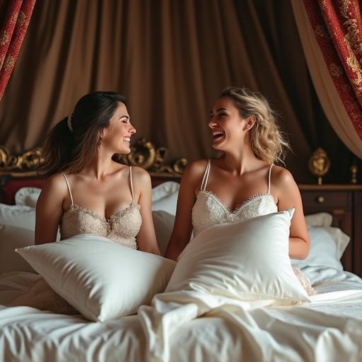 Two mature women engage in a playful pillow fight in a luxurious medieval royal bedroom. They are smiling and laughing while pillows fly in the air, showcasing their cheerful expressions. The scene captures the soft and warm lighting, intricate royal decor, and glamorous lingerie worn by the women. The composition emphasizes the joyful atmosphere, with a focus on their realistic features and dynamic poses.